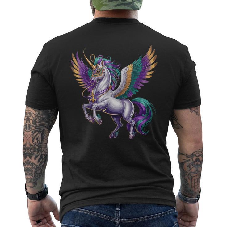 Happy Mardi Gras ユニコーンマスク ニューオーリンズフェスティバル メンズTシャツ バックプリント
