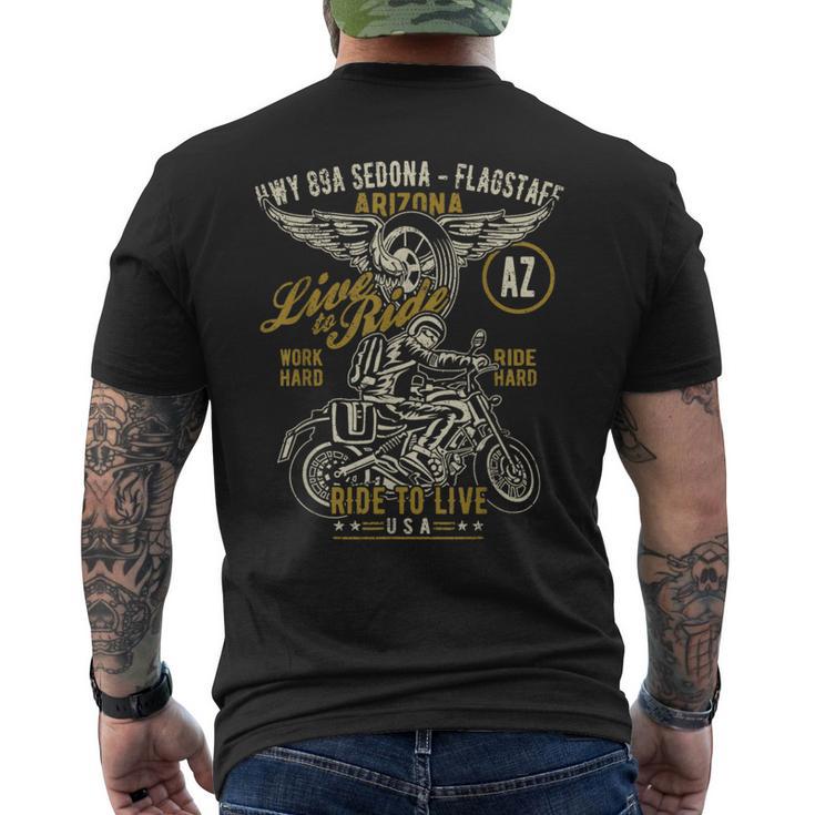 Hwy 89A セドナ フラッグスタッフ Azusa オートバイ アンティーク調デザイン メンズTシャツ バックプリント