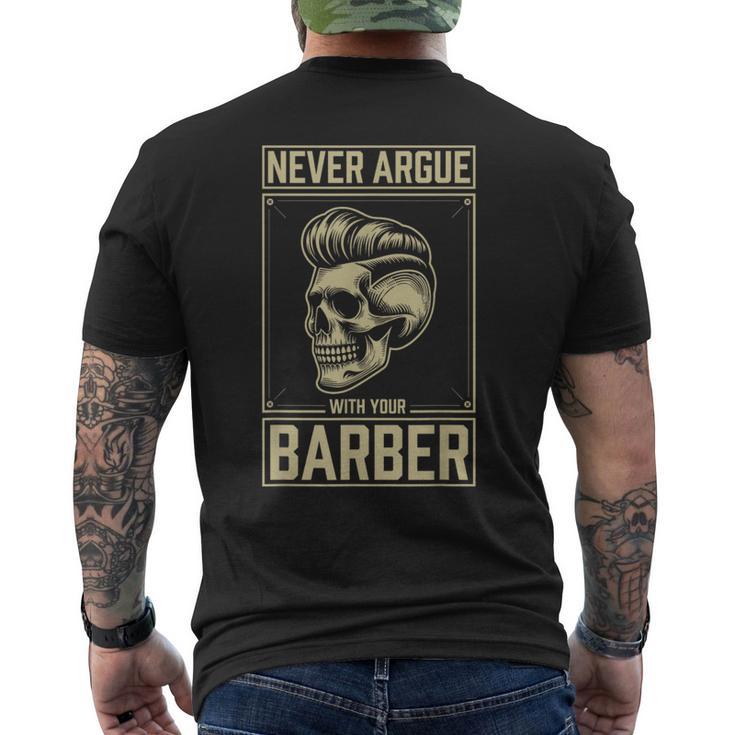 Skull Never Argue With Your Barber クラシック ヴィンテージ バーバー メンズTシャツ バックプリント