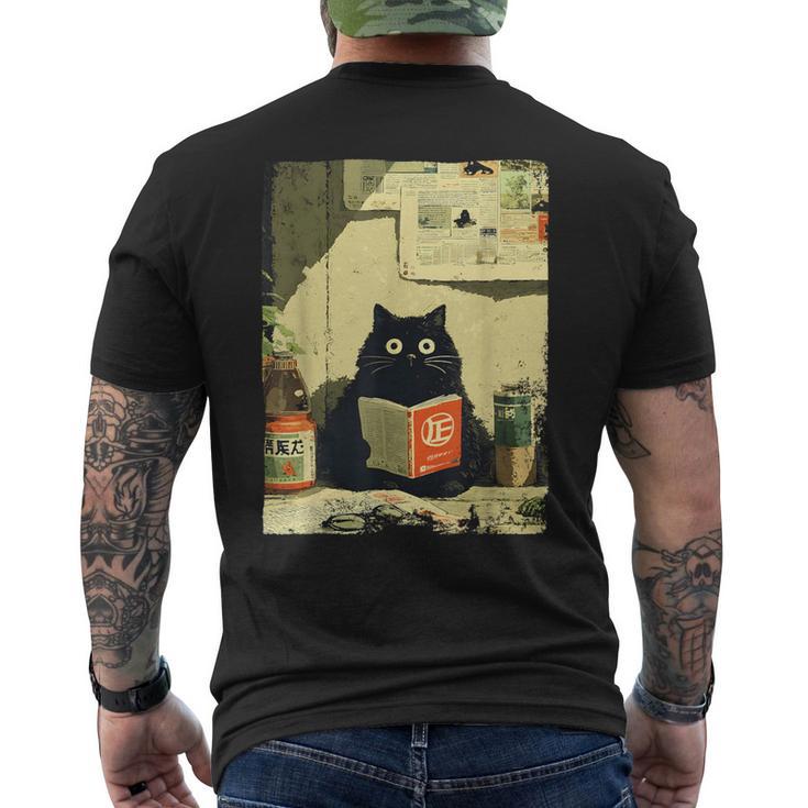 Vintage Giapponese Cat Book Lovers Bibliotecario Gatto Papà Insegnante T-shirt da uomo con stampa posteriore