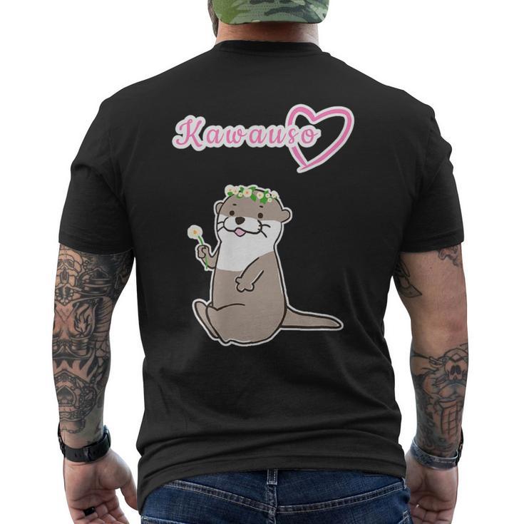 ゆるカワウソさん まるくん『おはなの かんむり』コツメカワウソ かわいい イラスト メンズTシャツ バックプリント