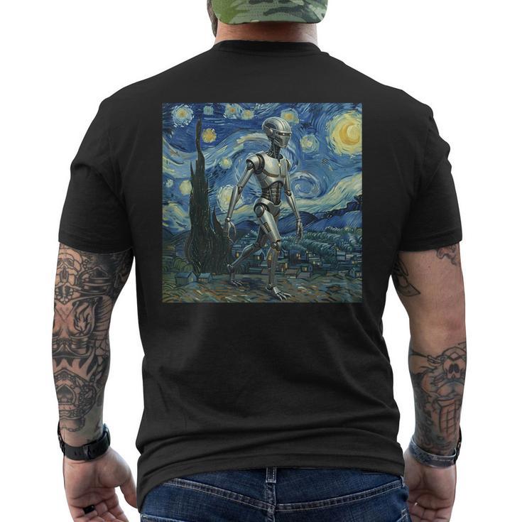 ゴッホ 星月夜 未来アート 面白い ロボット ウォーキング メンズTシャツ バックプリント