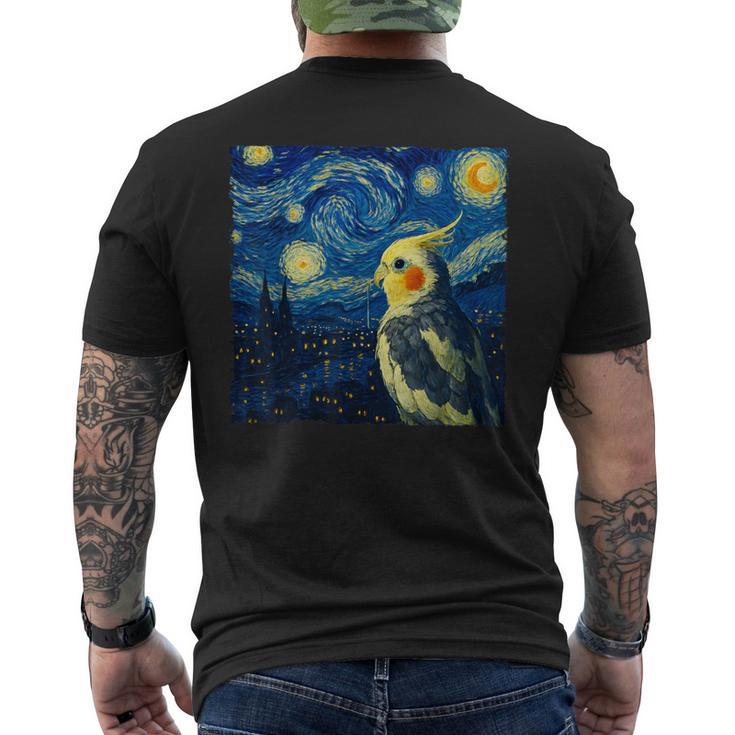 ゴッホの星空を見つめるかわいいオカメインコ 星月夜 メンズTシャツ バックプリント