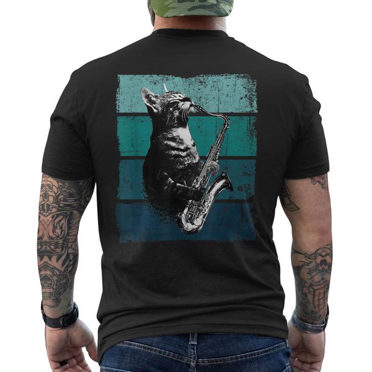 サックスを奏でる猫 ヴィンテージ 猫 ジャズ サックス 音楽 サックス メンズTシャツ バックプリント