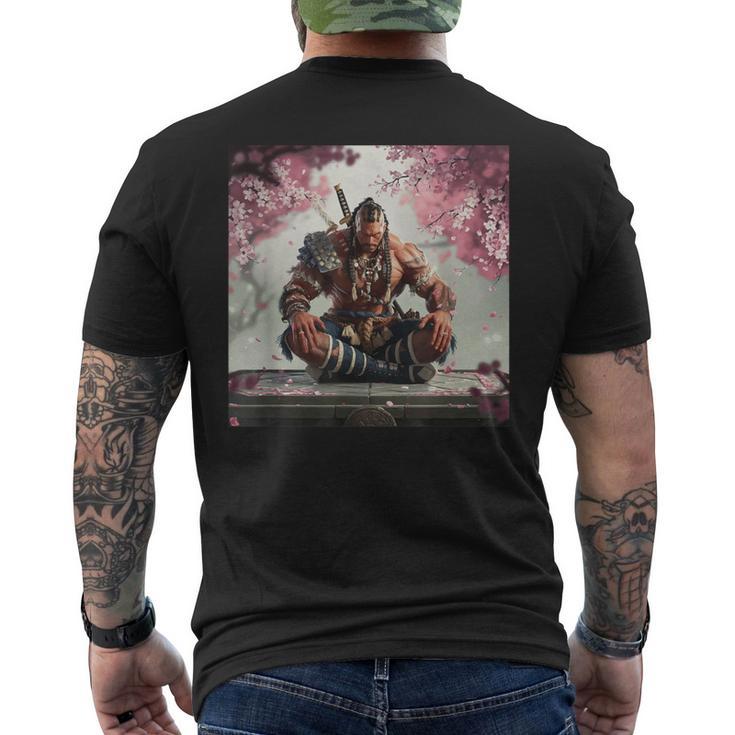 サムライ アフロ アフリカ 瞑想 桜の下 メンズTシャツ バックプリント