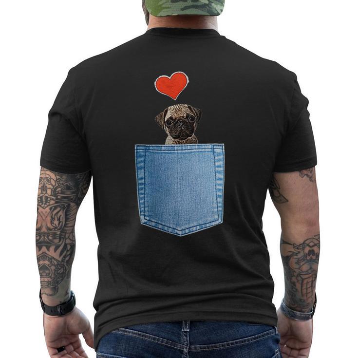 ジーンズポケット付きシャツ パグ犬とハート犬のモチーフ メンズTシャツ バックプリント