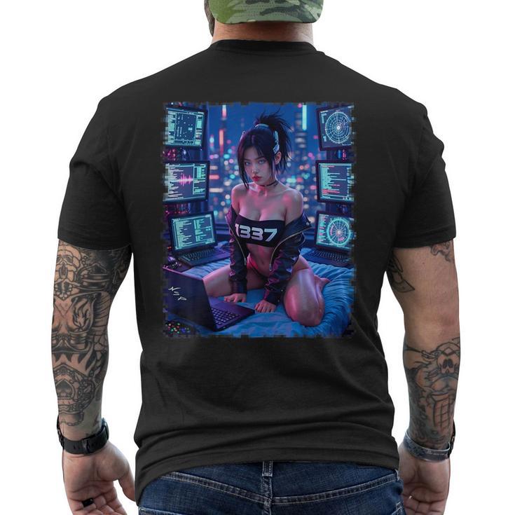 セクシーガールグラフィックtシャツ 1337 サイバーパンク ハッカーガール メンズTシャツ バックプリント
