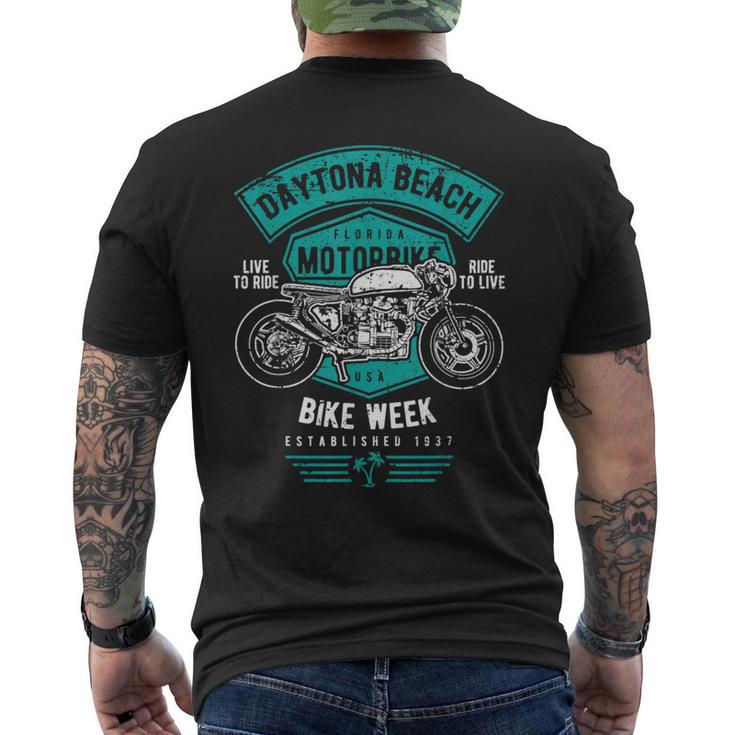 デイトナビーチ フロリダ アンティーク調オートバイデザイン メンズTシャツ バックプリント