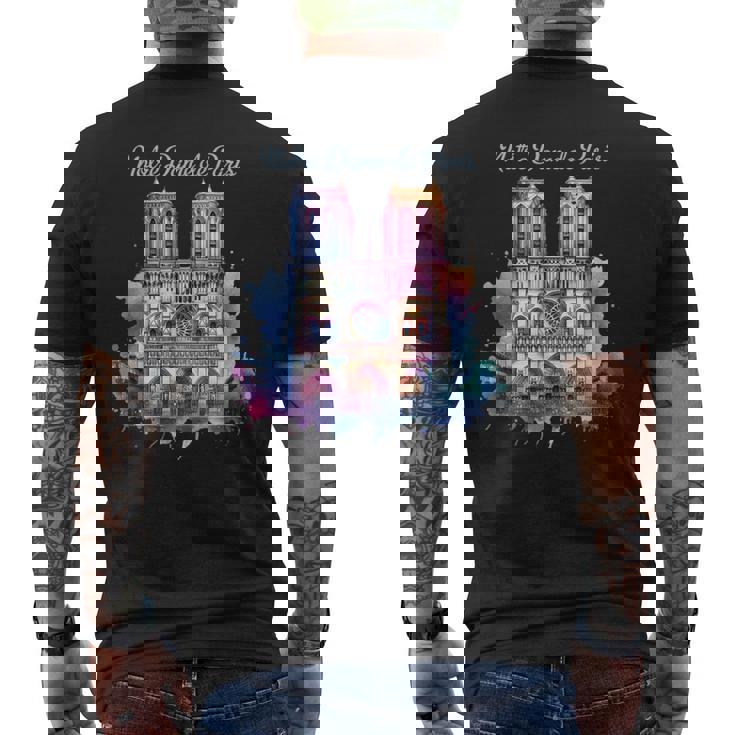 ノートルダム大聖堂 水彩画 メンズTシャツ バックプリント