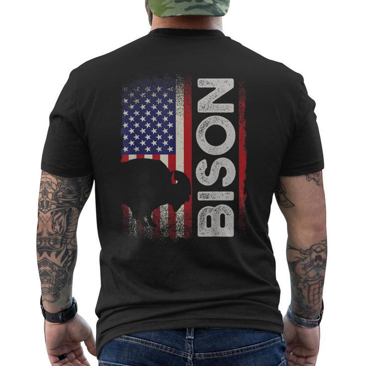 ハンティング アメリカンバイソン クリエイティブ ユーズド加工 アメリカ国旗 ハンター メンズTシャツ バックプリント
