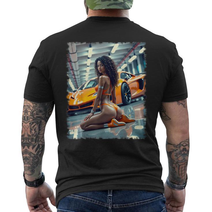 ピンナップガールtシャツ 男性用 ブラックピンナップガール&エキゾチックカー メンズTシャツ バックプリント