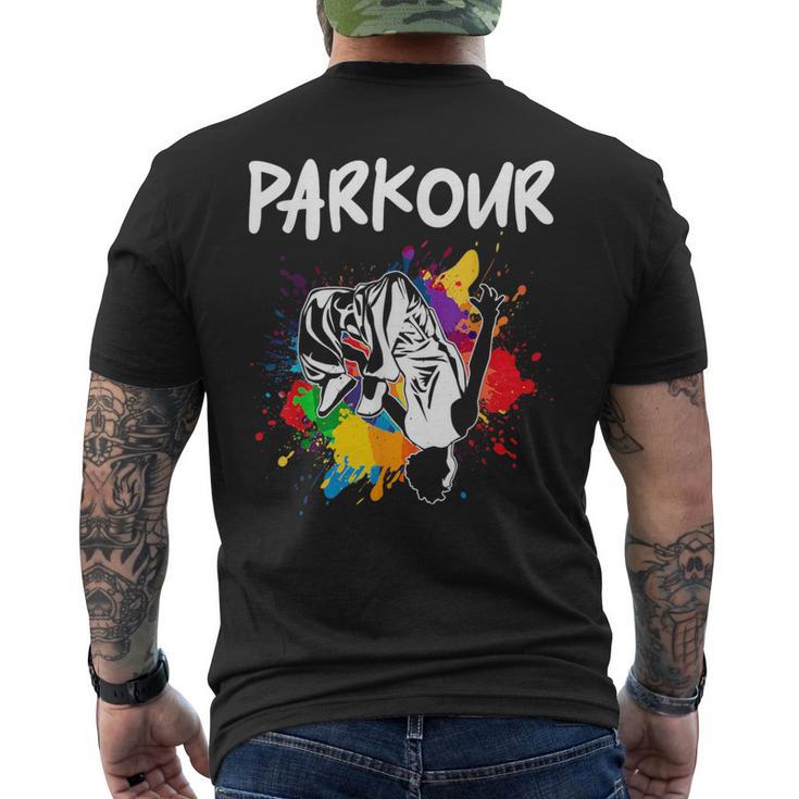 フリーランニング、ストリートワークアウト、フリースタイル、アクロバット、パルクール メンズTシャツ バックプリント