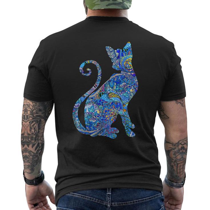ブルー ペイズリーキャット メンズTシャツ バックプリント