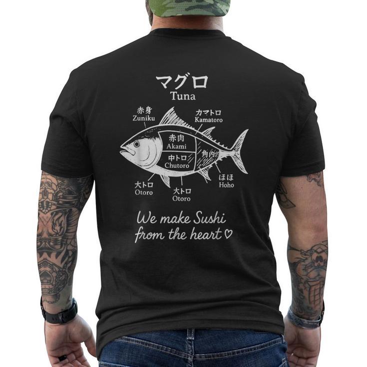 マグロ寿司切り図デザイン 日本料理グラフィック メンズTシャツ バックプリント