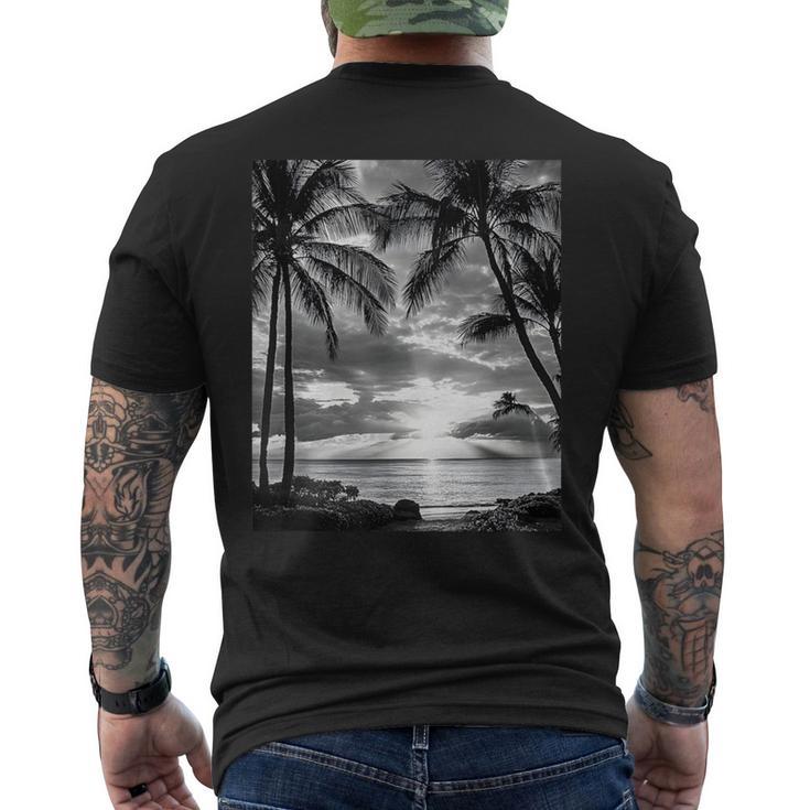 ヤシの木の白黒写真 夕焼けビンテージ写真 メンズTシャツ バックプリント
