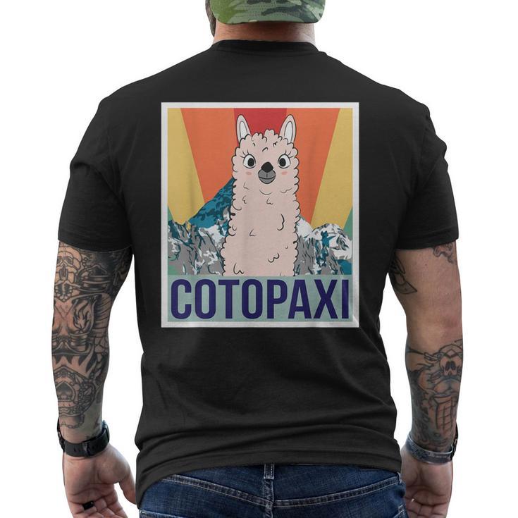レトロ国立公園 エクアドル コトパクシ ラマ キャンプ メンズTシャツ バックプリント