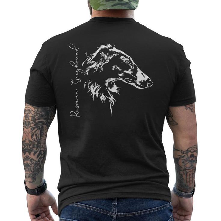 ロシアングレイハウンド バルソイ犬のポートレート メンズTシャツ バックプリント