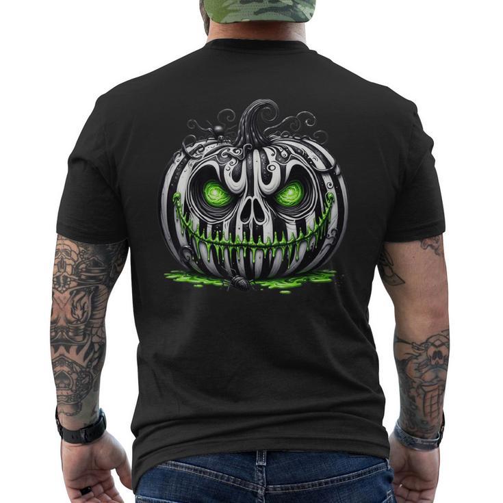 不気味なカボチャ 白い縞模様の目と笑顔 メンズTシャツ バックプリント