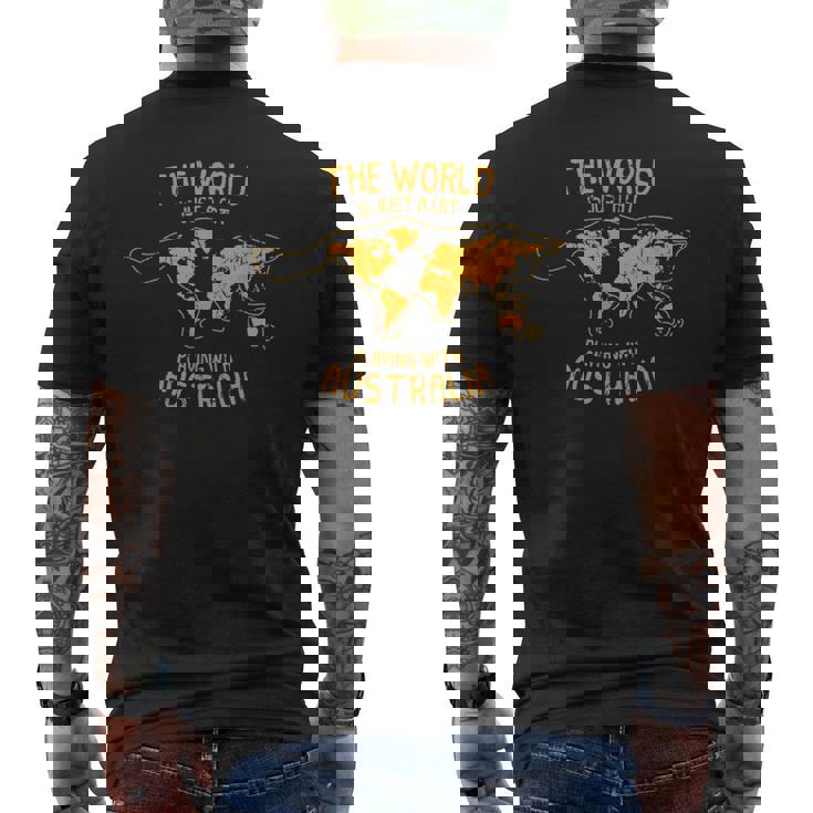 世界はオーストラリア オーストラリアで遊ぶ猫 メンズTシャツ バックプリント