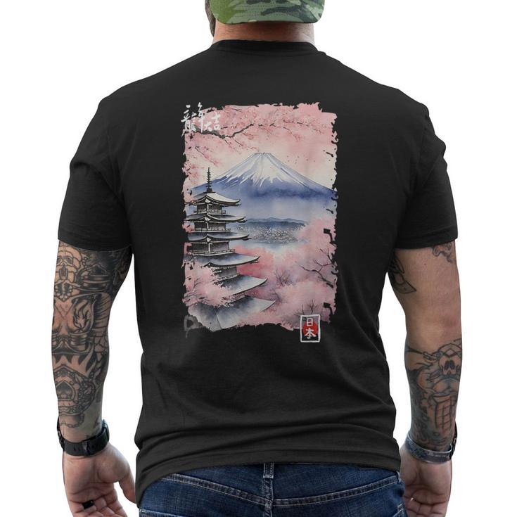 富士山 日本 桜 ヴィンテージ アニメ アート ピンク メンズTシャツ バックプリント