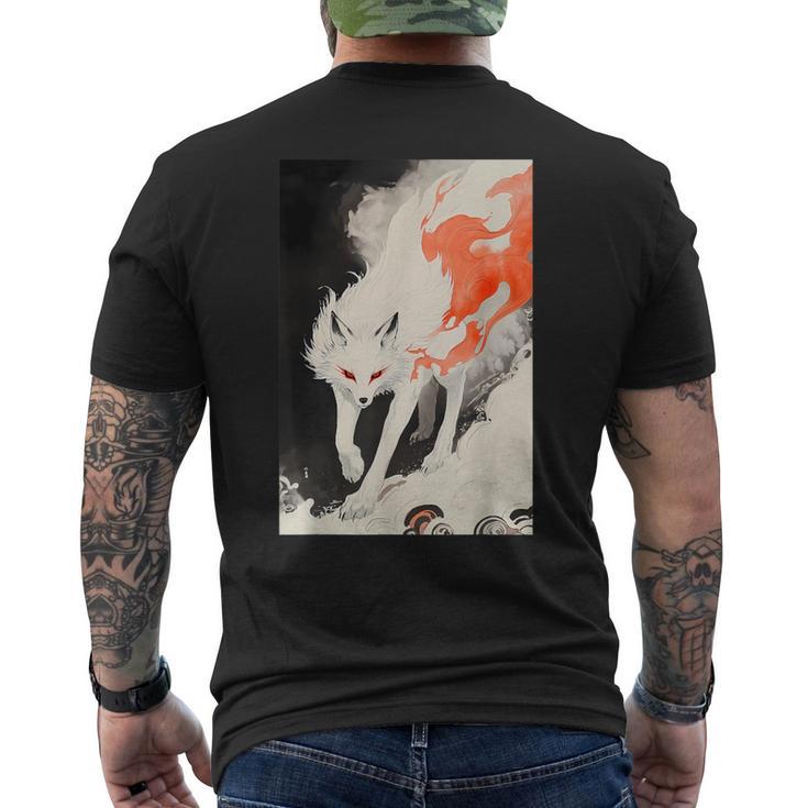 日本 キツネ 妖怪 白狐 幽霊 浮世絵 ヴィンテージ メンズTシャツ バックプリント