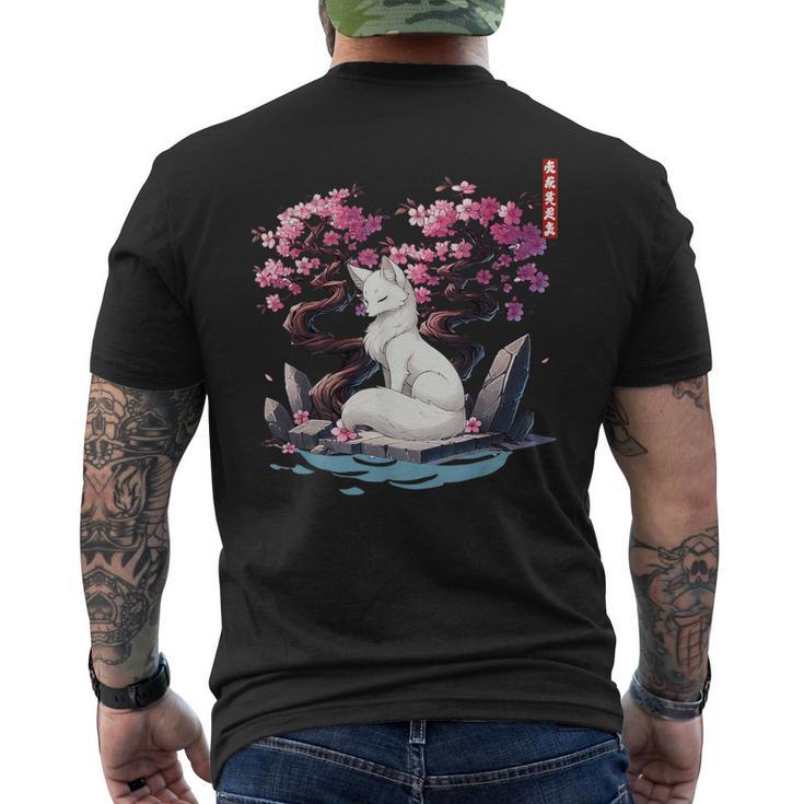 日本キツネ 妖怪 白狐 幽霊 浮世 E さくら メンズTシャツ バックプリント