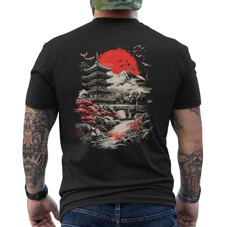 日本塔 富士山 桜 風景 ヴィンテージ メンズTシャツ バックプリント