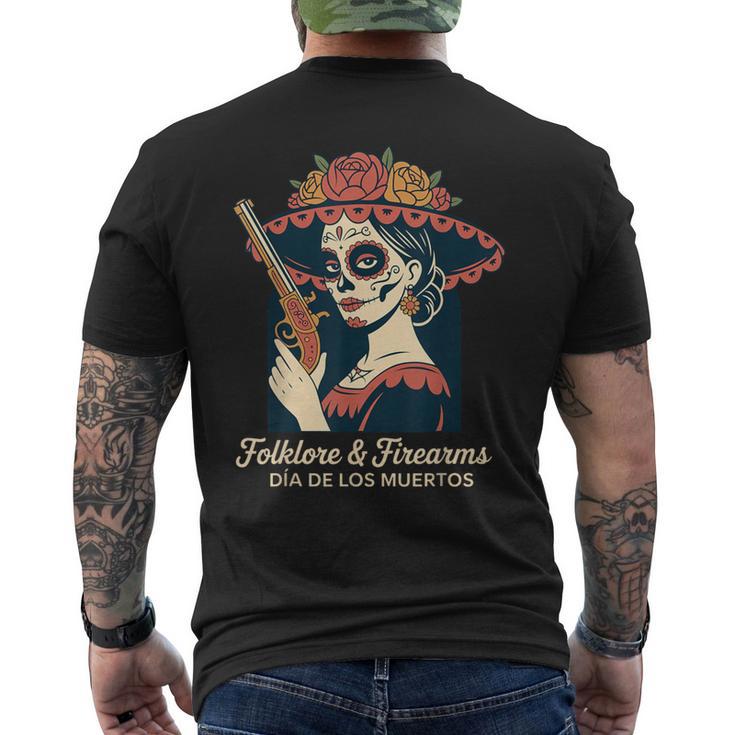 民間伝承・銃器 カラベラ・カトリーナ ディア・デ・ロス・ムエルトス メンズTシャツ バックプリント