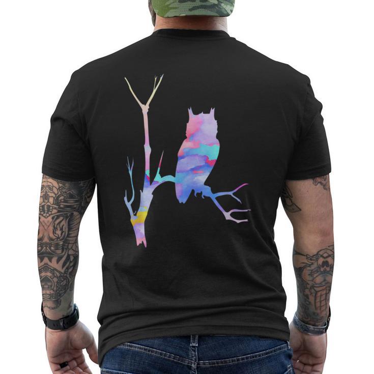 水彩フクロウsiitingツリーバードウォッチングアートバード メンズTシャツ バックプリント