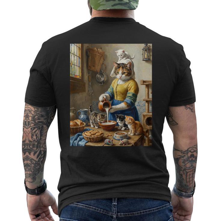 牛乳を注ぐ猫 フェルメール風 名画パロディ 油絵アート 可愛い子猫 おもしろ 猫好き メンズTシャツ バックプリント