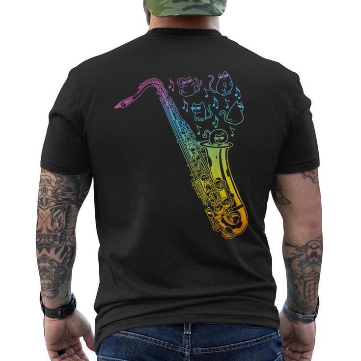 猫とサックスのサクソフォン楽器 メンズTシャツ バックプリント