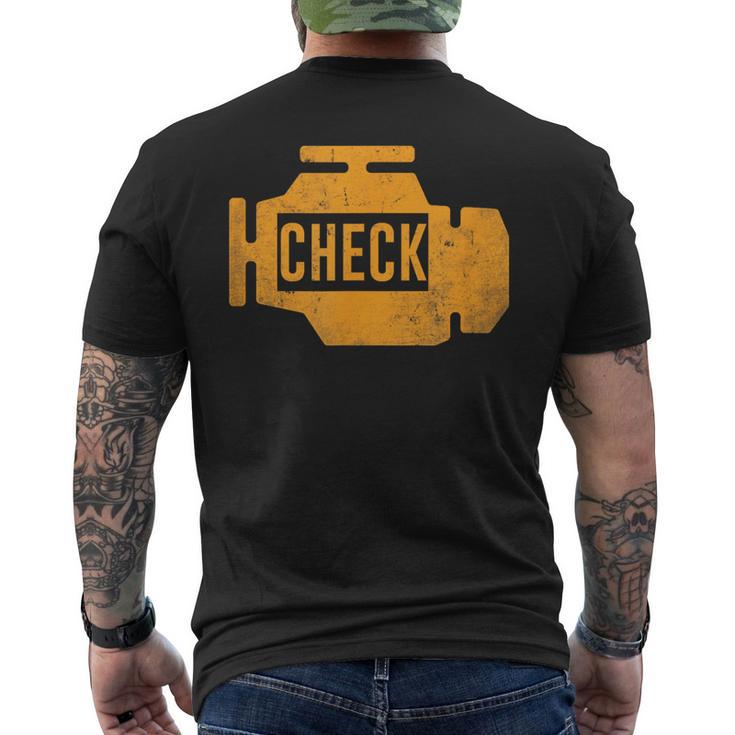 琥珀色の車のエンジンダッシュボード警告灯 面白いメカニック メンズTシャツ バックプリント