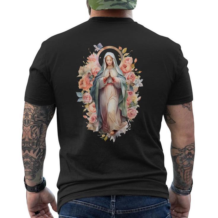 祝福された母 マリア イエスの母 バラ 聖母 カトリック メンズTシャツ バックプリント