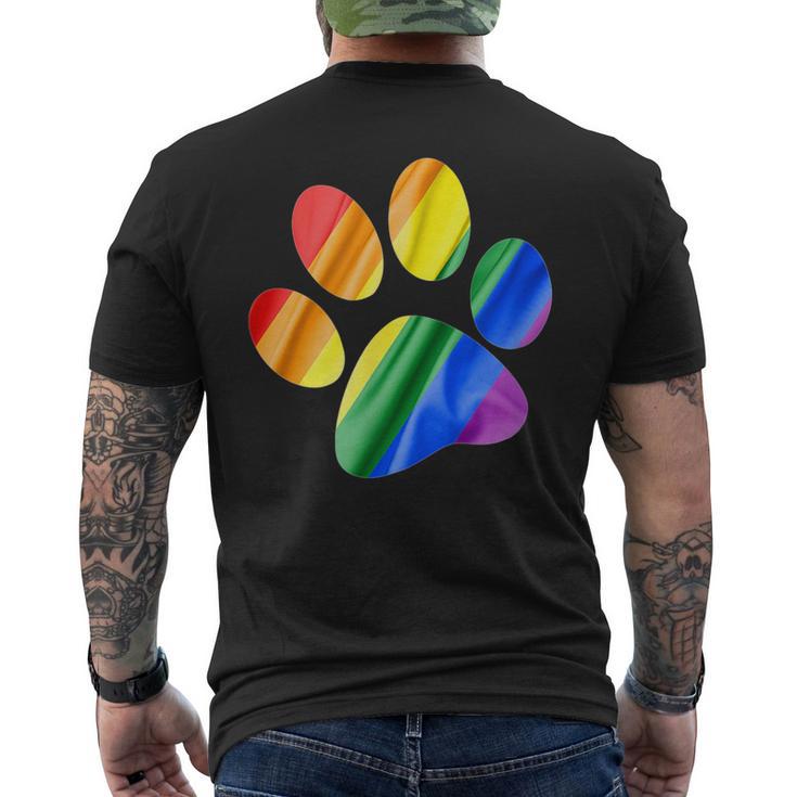 虹色の足跡プリント 犬 メンズTシャツ バックプリント