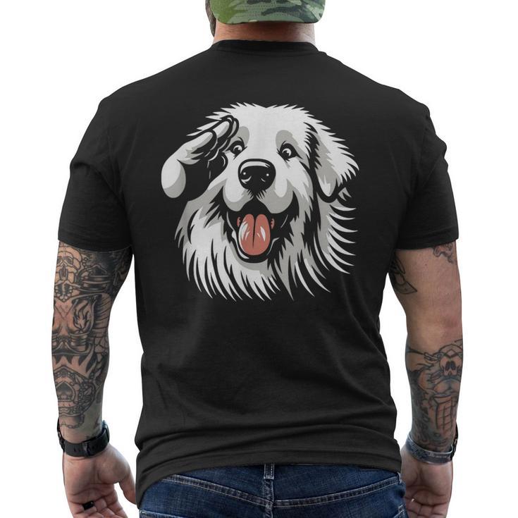 面白いグレート ピレニーズの顔の犬のグラフィック デザイン メンズTシャツ バックプリント