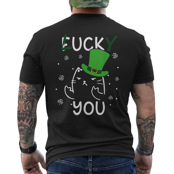 面白い黒猫レプラコーンファックラッキーユー聖パトリックデー メンズTシャツ バックプリント