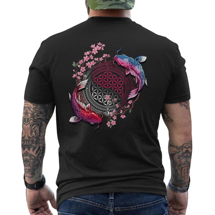 鯉魚フラワーオブライフ神聖幾何学桜アート メンズTシャツ バックプリント