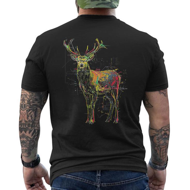 鹿 アートワーク 幾何学的 抽象 動物 グラフィック アート 鹿 メンズTシャツ バックプリント