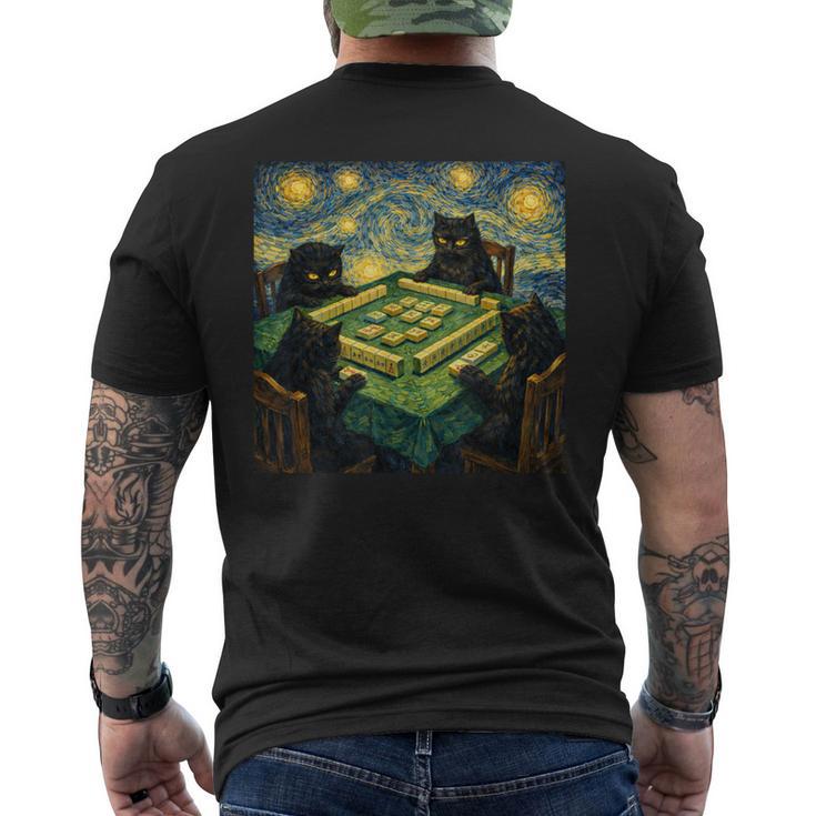 麻雀ファンゴッホスタイルで遊ぶ猫 麻雀カジノプレーヤー メンズTシャツ バックプリント