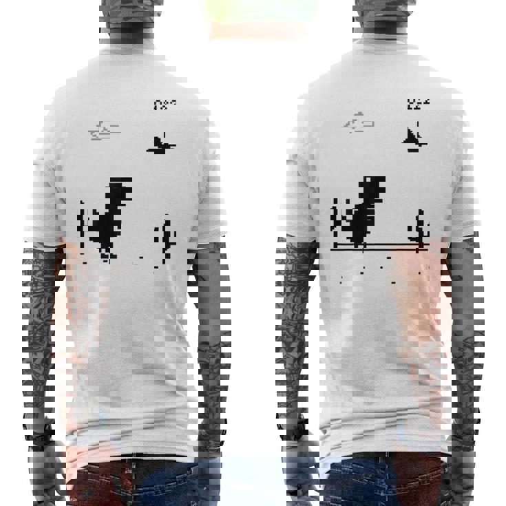 Dino T-Rex 恐竜 ピクセルゲーム インターネットなし オフライン 面白い 男性 メンズTシャツ バックプリント