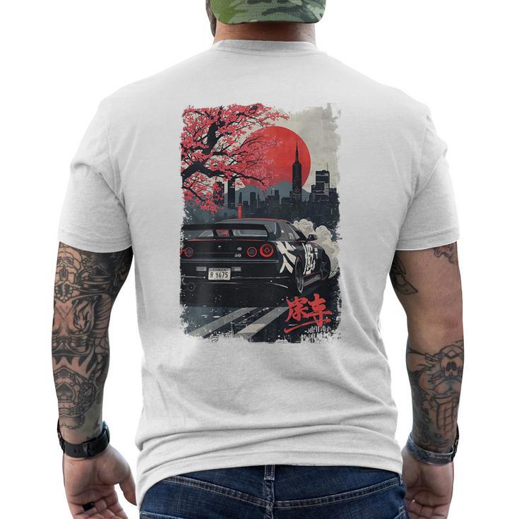 Jdm ドリフトレーシングカー 日本桜アート 背面 メンズTシャツ バックプリント