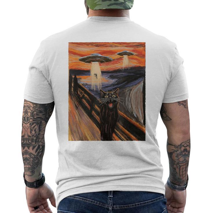 Ufo エイリアン 楽しい 絶叫 猫 アート パロディ メンズTシャツ バックプリント