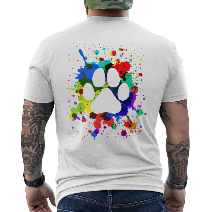 カラフルペイント スプラッター 肉球プリント 猫 犬 メンズTシャツ バックプリント