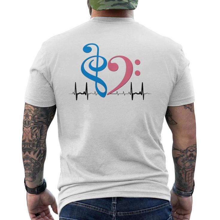ツートーン 低音記号 ハート Ekg ウェーブ シアン&バブルガム ピンク メンズTシャツ バックプリント