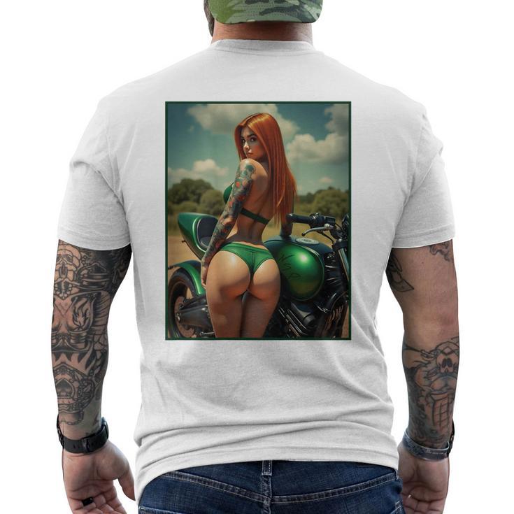 バックプリントtシャツ セクシーな赤毛ピンナップガール&バイク メンズTシャツ バックプリント