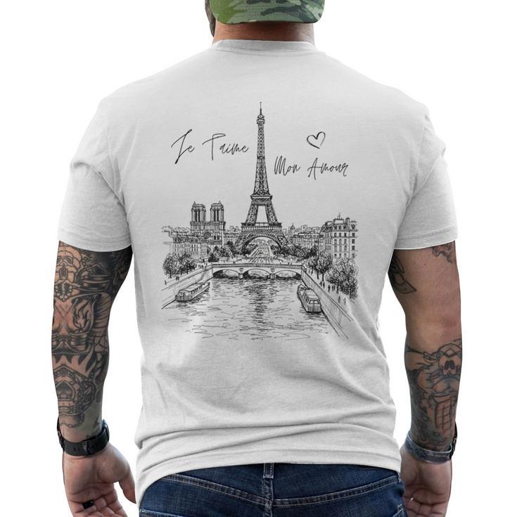 パリ エッフェル塔 スケッチ 街並み アート お土産 メンズTシャツ バックプリント