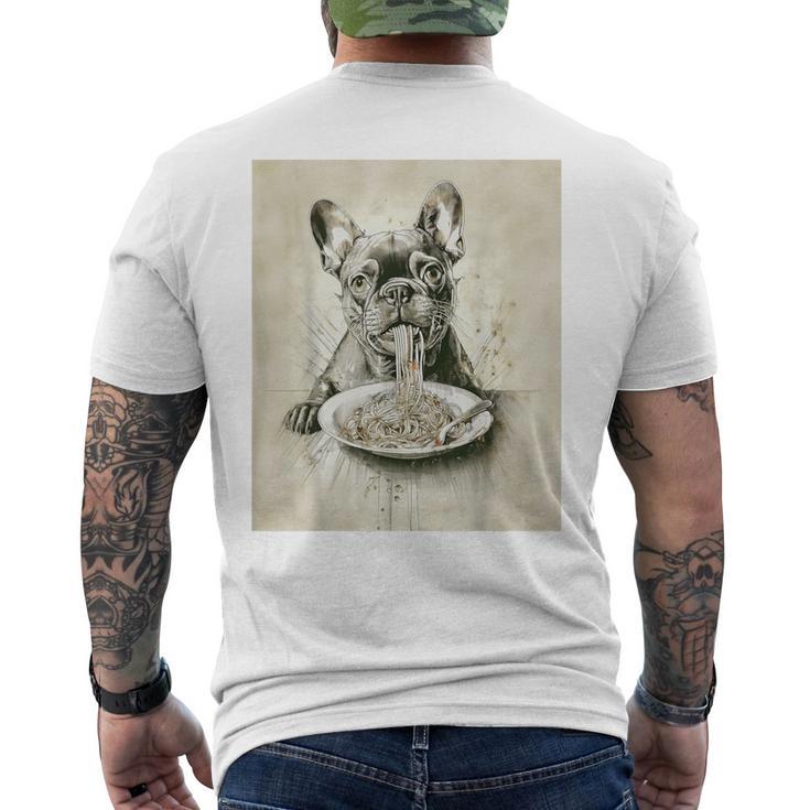 フレンチブルドッグ スパゲッティ モノクロ アート ブラック ホワイト ドッグ メンズTシャツ バックプリント