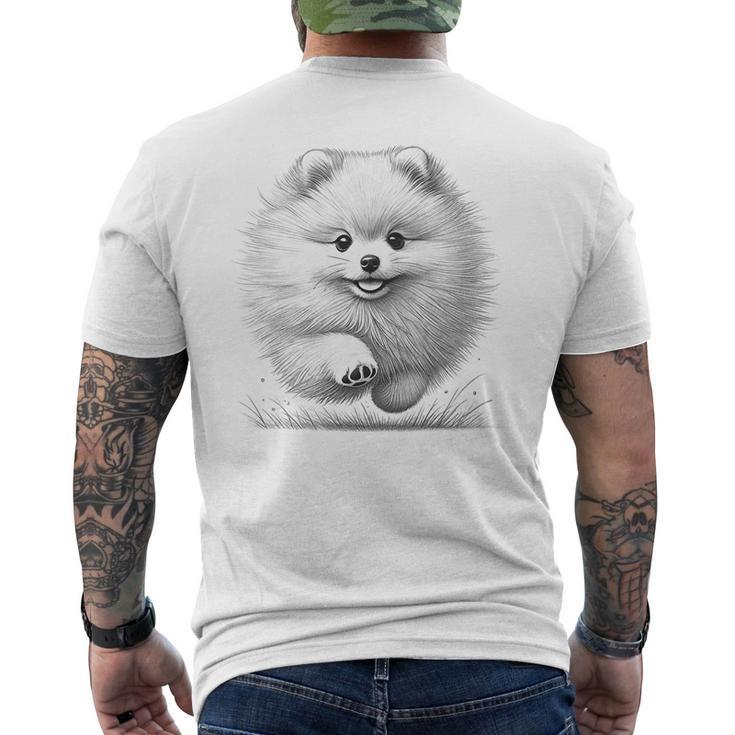 ポメラニアンポンポン犬のランニングデザインのアイデア メンズTシャツ バックプリント