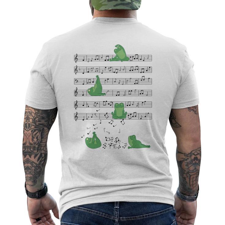 ヨガをしているかわいいカエル 音符 音記号 ミュージシャンアート 長袖tシャツ メンズTシャツ バックプリント