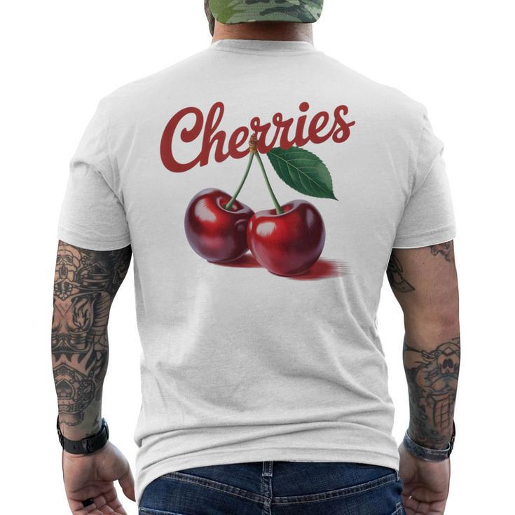レトロなさくらんぼのイラスト 大胆な赤い果実 ヴィンテージ付き メンズTシャツ バックプリント